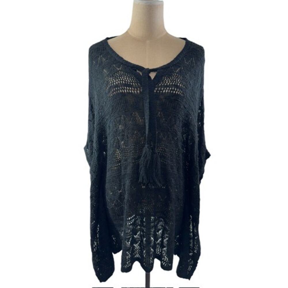 "ONE A" Black Crochet Bathing Suit Cover Up, Size XL, Keyhole front W/Tassel Tie